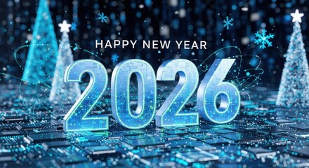 Happy New Year 2026 ai digital cyber holiday technology sci fi circuit design innovation. 3D 2026 number holiday greeting card