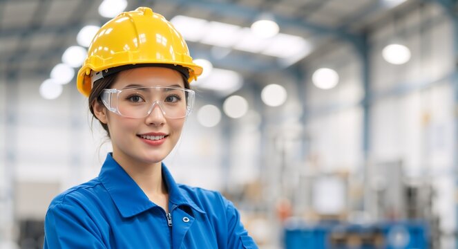 Confident asian female factory worker wearing a hard hat and safety glasses. Portrait of a professional industrial engineer smiling in a manufacturing plant with copy space