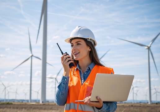 A smiling female engineer with a laptop and walkie-talkie working at a wind farm. Professional woman in a hard hat at a renewable energy power plant. Sustainability and green technology concept