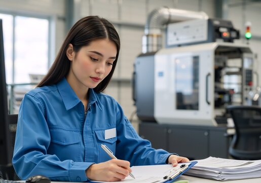 Female factory worker writing on a clipboard in an industrial plant. Young asian engineer doing quality control documentation. Professional technician in uniform at her workplace