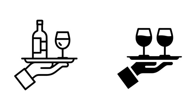 Service and hospitality vector icons featuring a hand holding a tray with a wine bottle and glass, alongside another tray with two full wine glasses.