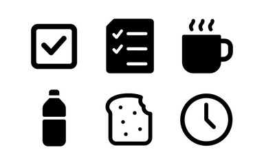 Minimalist icons of everyday objects in black silhouette style