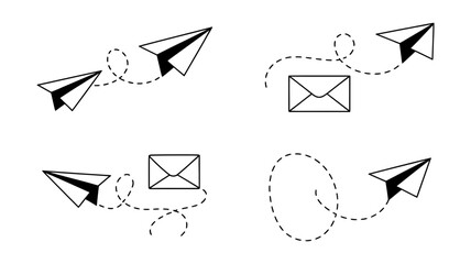 Paper airplane and envelope icons with dotted flight paths, symbolizing communication, message delivery, and digital connection services