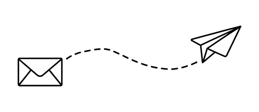 Email message sending icon with paper airplane and envelope. outline illustration representing communication, delivery, and digital correspondence.