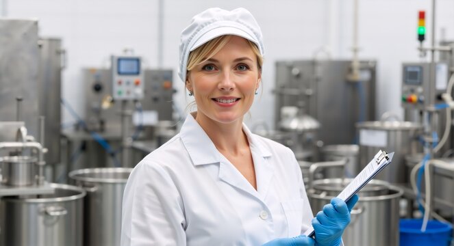 Smiling female worker in a lab coat at a manufacturing facility. Professional quality control inspector with a clipboard in an industrial plant