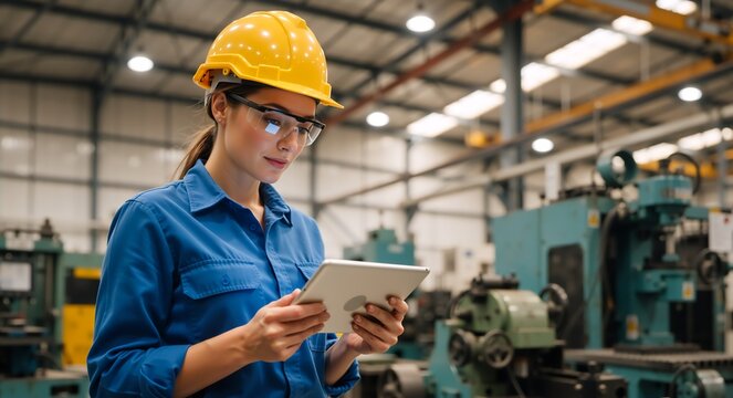 Female industrial worker using a digital tablet in a factory. Young woman engineer with safety helmet and glasses checking production data. Smart manufacturing concept - Powered by Adobe