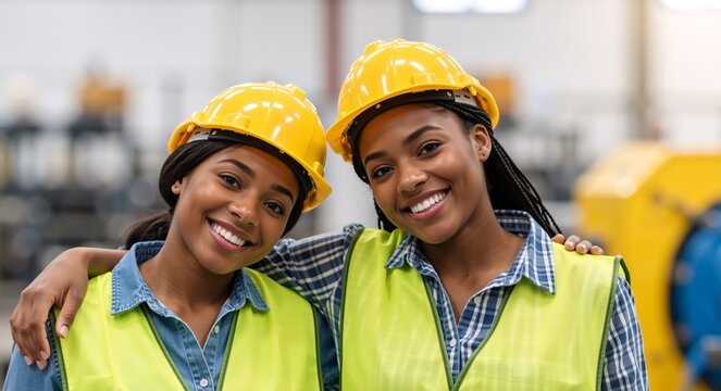 Portrait of two smiling Black female construction workers in a factory. Happy African American women engineers wearing safety vests and hard hats. Teamwork and diversity concept