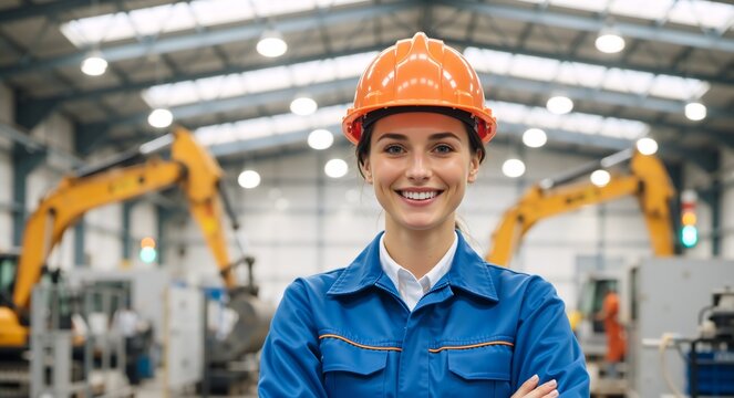 Portrait of a happy female industrial worker wearing an orange hard hat and blue uniform in a factory. Confident young woman engineer standing with arms crossed in a warehouse with machinery
