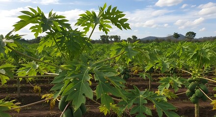 Green papaya trees growing on a farm under a partly cloudy blue sky