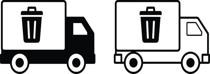 Set of Garbage Truck Icons, Outline and Glyph Styles, Waste Management Disposal Junk Removal Service Symbol, Monochrome Vector Graphic Clipart