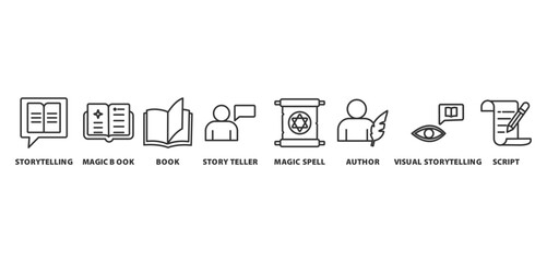 storytelling banner icon concept with icon of storytelling, magic book, book, storyteller, magic spell, author, visual storytelling, and script







