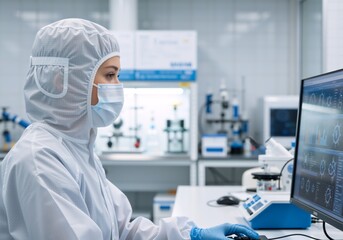 Scientist in a sterile suit working in a high-tech laboratory. Woman analyzing complex data on a computer screen for biotechnology research