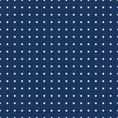 Seamless white polka dot pattern on blue background. Vector illustration.