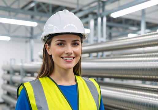 Portrait of a smiling female engineer in a hard hat at an industrial factory. Confident woman worker in safety gear at a manufacturing plant - Powered by Adobe
