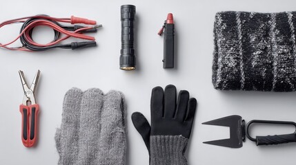 neat arrangement of winter emergency car essentials on a white surface, jumper cables, flashlight, blanket, gloves, scraper, minimalistic top down