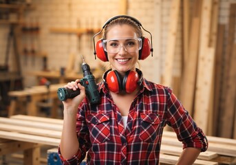 Confident female carpenter smiling while holding a power drill in a workshop. Young woman in protective gear ready for a DIY project. Skilled trades and home improvement concept