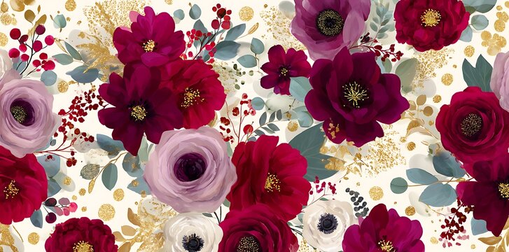 Watercolor floral seamless border green leaves, burgundy maroon pink peach blush white flowers leaf branches. Wedding invitations, greetings wallpapers, fashion, prints. Eucalyptus, olive, rose, peony