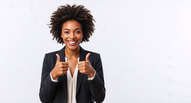 Confident African American businesswoman showing thumbs up. Happy professional woman smiling and gesturing approval on a white background with copy space - Powered by Adobe