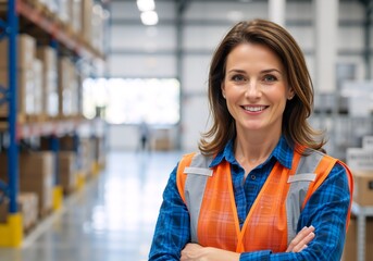 Confident female warehouse manager smiling at the camera. Professional woman worker in a safety vest standing with arms crossed in a large distribution center