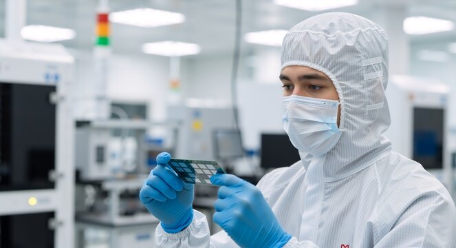 Male engineer in a protective cleanroom suit inspecting a semiconductor microchip. Technician working in a high-tech electronics factory laboratory - Powered by Adobe