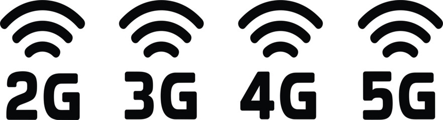 Set of Four Mobile Network Icons, 2G 3G 4G 5G Technology Generations Symbols, Wireless Telecommunication Connectivity Vector Glyph Graphic