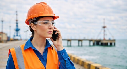 Female engineer talking on a mobile phone at an industrial port. Construction worker wearing a hard hat and safety glasses managing logistics