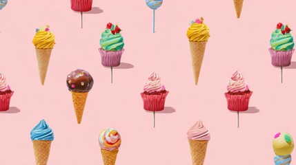pattern of colorful cupcakes, ice cream cones, lollipops on light pink background, cheerful and appetizing, fun style suitable for children