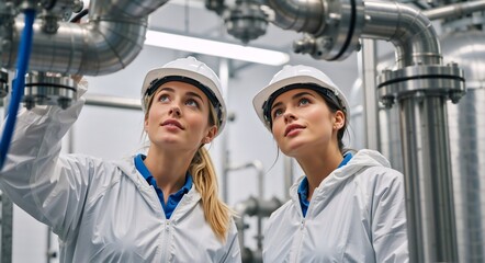 Female engineers inspecting industrial pipes in a modern factory. Women workers in hard hats and protective coveralls checking machinery