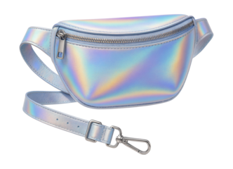 Iridescent holographic belt bag featuring a removable strap.