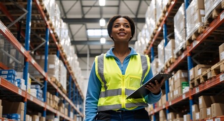 Smiling African American female warehouse worker holding clipboard. Logistics employee checking inventory on high shelves in distribution center. Supply chain management concept