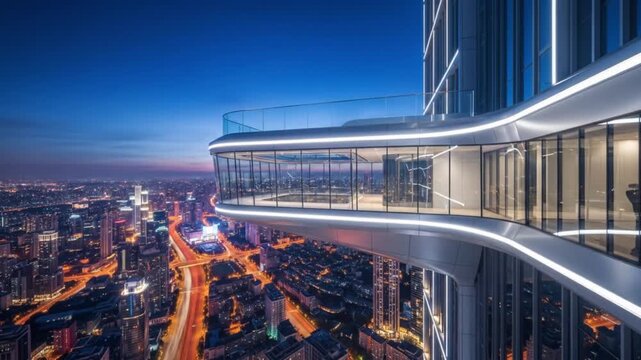 Modern Skybridge Overlooking Cityscape at Dusk.