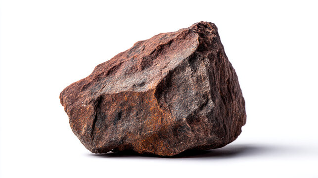 A reddish brown rock with rough texture sitting on a white surface in studio light