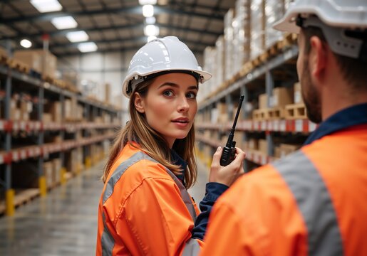 Female warehouse worker with a walkie-talkie communicating with a colleague. Logistics manager in a hard hat coordinating work in a large distribution center