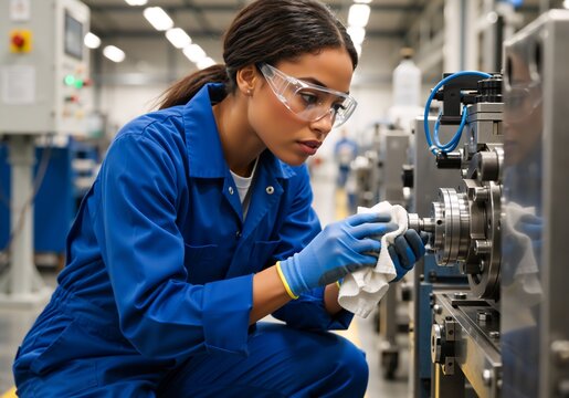 Female industrial worker cleaning machinery in a factory. Young woman technician wearing safety glasses and gloves performing maintenance. Manufacturing and engineering concept