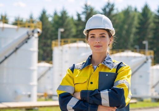 Confident female engineer in a hard hat at an industrial plant. Professional woman worker in safety uniform standing in front of storage tanks - Powered by Adobe