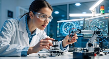 Female engineer working on a robotic arm in a high-tech laboratory. Scientist developing innovative automation technology. Research and development in robotics