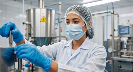 Pharmaceutical factory worker operating machinery in sterile environment. Asian woman in face mask and gloves adjusting industrial equipment