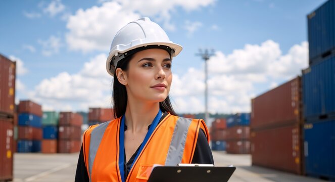 Female logistics worker holding a clipboard in a shipping container port. Professional woman in safety vest and hard hat supervising cargo distribution