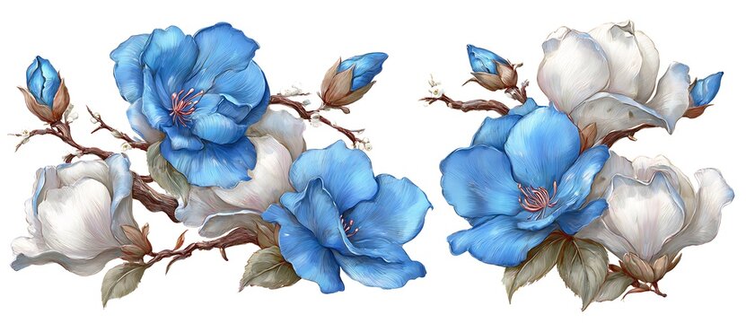 Watercolor floral bouquet illustration set. Hydrangea myosotis rose peony blue white flowers, green leaves branches collection. Wedding invitations, wallpaper, fashion, prints, fashion, templates. - Powered by Adobe