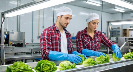 Factory workers inspecting fresh lettuce on a conveyor belt. Man and woman in hairnets and gloves sorting vegetables in a food processing plant. Industrial food production and quality control concept