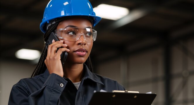 Industrial female worker talking on mobile phone in warehouse. Black woman engineer with hard hat and safety glasses holding clipboard. Logistics and construction concept - Powered by Adobe