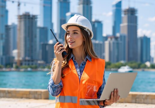 Female construction engineer holding laptop and walkie-talkie at city waterfront. Woman architect with safety helmet and vest supervising urban development project