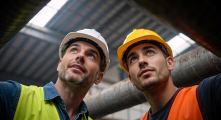 Two male construction workers wearing hard hats looking up at an industrial site. Engineers inspecting a structure ceiling. Teamwork and safety concept