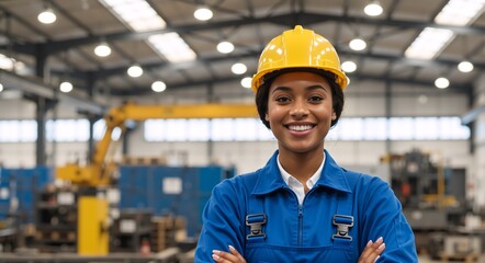 Portrait of a happy industrial worker woman standing in a factory with arms crossed. Confident Black female engineer wearing safety helmet and blue uniform in a warehouse