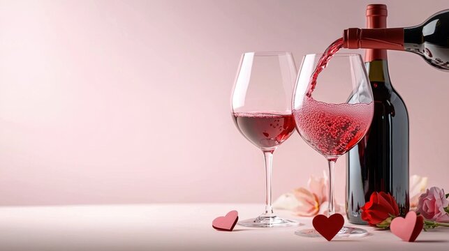Romantic Red Wine Pouring into Glasses with Flowers and Hearts - Powered by Adobe