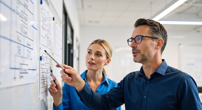 Business people planning strategy on whiteboard in modern office. Professional man and woman analyzing chart and brainstorming project workflow - Powered by Adobe