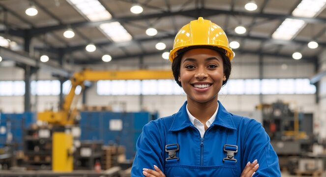 Portrait of a happy industrial worker woman standing in a factory with arms crossed. Confident Black female engineer wearing safety helmet and blue uniform in a warehouse