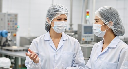 Two female factory workers in protective gear talking at a manufacturing plant. Colleagues in lab coats and face masks discussing production. Teamwork and quality control in industry
