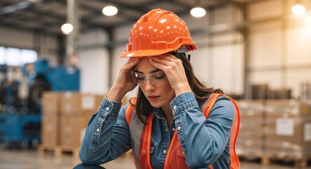 Stressed female warehouse worker suffering from headache. Tired industrial employee in hard hat and safety vest feeling exhausted