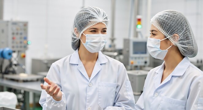 Two female factory workers in protective gear talking at a manufacturing plant. Colleagues in lab coats and face masks discussing production. Teamwork and quality control in industry - Powered by Adobe